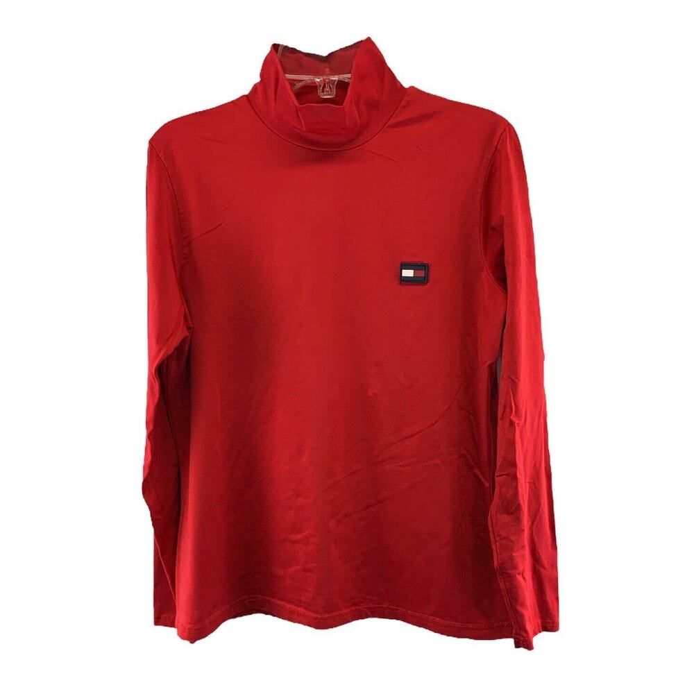 Tommy Hilfiger Womens Turtleneck Long Sleeve Shirt Size Medium Red Stretch Logo